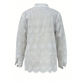 Women's Elegant Semi-Sheer Lace Blouse - Lightweight Breathable Long Sleeve Button-Up Shirt with Stand-Up Collar, Solid Color Machine Washable Plus Size Top for Spring Summer Casual & Formal Wear, Lace Shirt, Delicate Fabric Design