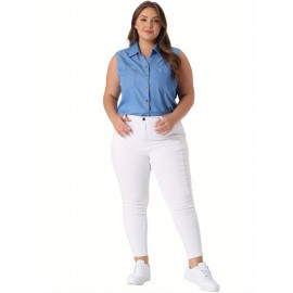Plus Size Chambray Tops for Women Sleeveless Button Work Shirts Chambray Blouses Summer