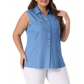 Plus Size Chambray Tops for Women Sleeveless Button Work Shirts Chambray Blouses Summer