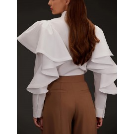 Plus Size, Plus Size Women's Elegant Long Sleeve Blouse with Oversized Collar & Ruffled Mandarin Collar - Semi-Sheer Wrinkle-Resistant-Like Smock Jacket-like Top, Hand Washable All-Season Professional Shirt (No Elasticity) for Office