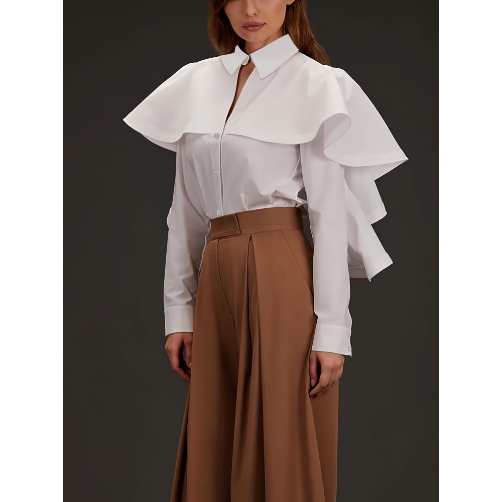 Plus Size, Plus Size Women's Elegant Long Sleeve Blouse with Oversized Collar & Ruffled Mandarin Collar - Semi-Sheer Wrinkle-Resistant-Like Smock Jacket-like Top, Hand Washable All-Season Professional Shirt (No Elasticity) for Office