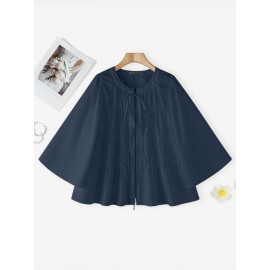 Plus Size - Casual Tops for Women in Plus Sizes Featuring a Solid Color, Long Sleeves, a Mandarin Collar, And a Tied Neck. This Loose, Lightweight Shirt Has a Tiered Design And Is Perfect for Everyday Wear, Embodying a Sweet And Cute Kor