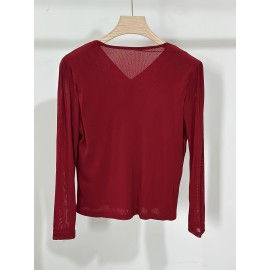 Plus Size - Elegant V-Neck Blouse with Ruched Detail - Long Sleeve, Solid Brown, Medium Stretch Fabric, Perfect for Evening Outfits, Ladies Blouses