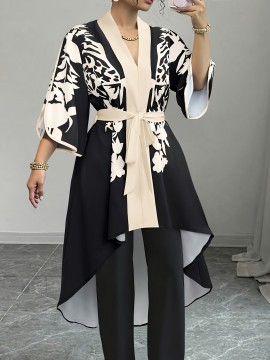 [Plus Size Blouse] Elegant Plus Size V-Neck Floral Print Blouse | Black and White, Non-Stretch Fabric, Perfect for All Seasons, Tie Waist and Puff Sleeves, Ladies