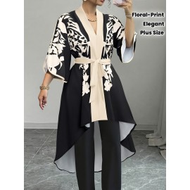 [Plus Size Blouse] Elegant Plus Size V-Neck Floral Print Blouse | Black and White, Non-Stretch Fabric, Perfect for All Seasons, Tie Waist and Puff Sleeves, Ladies