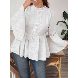 Plus Size - Women'S Elegant Solid Color Lace Trim Ruffle Sleeve Blouse - Plus Size Long Sleeve Round Neck Casual to Semi-Formal Shirt, Breathable Non-Stretch Fabric with Flared Bell Sleeves, Spring/Autumn Versatile Top for Everyday & Special Occasions, Easy-Care Durable Design, Spring Fashion, Autumn Outfit, Delicate Detailing, Lightweight Material, Stylish Shirt, Fashion Lovers, Office Wearers, Beautiful Blouse For Plus Size Women, Plus Size Women Clothes, Blouse Women