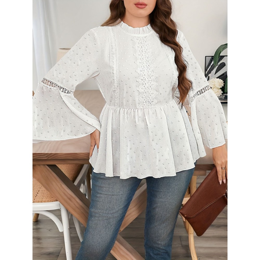Plus Size - Women'S Elegant Solid Color Lace Trim Ruffle Sleeve Blouse - Plus Size Long Sleeve Round Neck Casual to Semi-Formal Shirt, Breathable Non-Stretch Fabric with Flared Bell Sleeves, Spring/Autumn Versatile Top for Everyday & Special Occasions, Easy-Care Durable Design, Spring Fashion, Autumn Outfit, Delicate Detailing, Lightweight Material, Stylish Shirt, Fashion Lovers, Office Wearers, Beautiful Blouse For Plus Size Women, Plus Size Women Clothes, Blouse Women