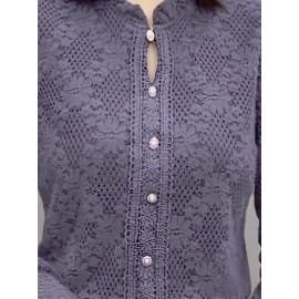 Plus Size - 1pc Elegant Lace Trim Long Sleeve Blouse for Women - Chic Round Neck, Non-Stretch Fabric, Floral Pattern, Perfect for Spring/Fall, Versatile Layering Piece, Spring Fashion Top | Floral Pattern Top | Nonstretch Material