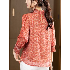 Plus Size - Elegant Floral Print Chiffon Blouse with Ruffle Detail - Long Sleeve, High Neck, Lightweight & Versatile for Spring/Fall, Perfect for Casual or Formal Occasions, Ladies Blouses