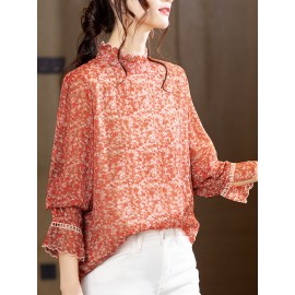 Plus Size - Elegant Floral Print Chiffon Blouse with Ruffle Detail - Long Sleeve, High Neck, Lightweight & Versatile for Spring/Fall, Perfect for Casual or Formal Occasions, Ladies Blouses