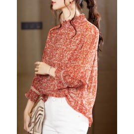 Plus Size - Elegant Floral Print Chiffon Blouse with Ruffle Detail - Long Sleeve, High Neck, Lightweight & Versatile for Spring/Fall, Perfect for Casual or Formal Occasions, Ladies Blouses