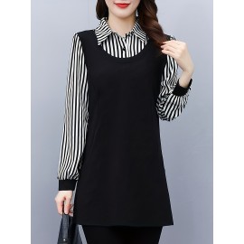 Plus Size, 1pc black and white striped spliced top, fashionable casual style, tummy-covering effect, suitable for daily wear in mid-to-senior age/autumn-winter season, plus-size Women's midi-length base layer shirt