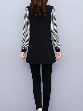 Plus Size, 1pc black and white striped spliced top, fashionable casual style, tummy-covering effect, suitable for daily wear in mid-to-senior age/autumn-winter season, plus-size Women's midi-length base layer shirt