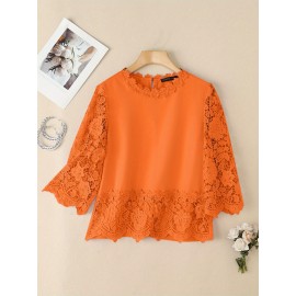 [Elegant Oversized Blouse] Plus Size, ZANZEA Women's Plus Size Elegant Oversized Blouse - Lightweight Short Sleeve-Like 3/4 Sleeve Crew Neck Shirt, Wrinkle-Resistant White & Colors, Structured Collar, Machine Washable - Office, Commuter & Casual Wear (No Stretch)