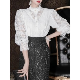 Fashion, Moderate, Luxury, Queen, New Socialite, Lady, Lace, Cut-out, Stand-up Collar, Temperament, High-end Shirt Top