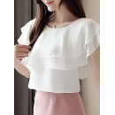 [Short Sleeve Ruffle Blouse] Elegant Plus Size Women's Blouse - Casual Short Sleeve with Ruffle Detail, Solid Color, Non-Stretch Polyester - Perfect for Spring/Summer