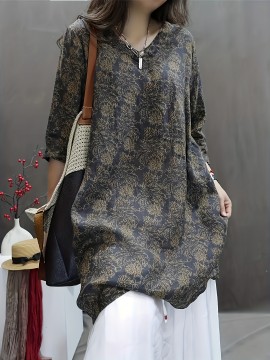 Plus Size, Women's Elegant V-Neck Long Sleeve Blouse - Olive Green & Beige Abstract Floral Print, Loose Fit Soft Lightweight Shirt with V-Neck & Slit Hem, All-Season Casual to Semi-Formal Blouse for Everyday & Formal Wear, Machine Washable (Green/Beige) - Relaxed Fit with Digital Print, Structured Collar & Open Hem, Suitable for Layering, Versatile for Casual or Formal Outfits, Plus Size Women Blouses, Plus Size Women Tops, Blouses For Women Plus Size,