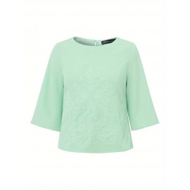 [Plus Size Embroidery Tops] Plus Size Elegant Embroidery Tops | Women's Short Sleeve Crew Neck Baggy Shirt | Summer Commuter Holiday Lightweight Casual Blouse