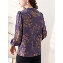Plus Size - Elegant Long Sleeve Floral Print Blouse for Women - Chic Round Neck, Non-Stretch Fabric, Versatile All-Season Top with Puffed Sleeves, Perfect for Casual or Formal Occasions, Versatile Fashion | Floral Print Blouse | Nonstretch Fabric, Blouse For Women/plus Size/large Size, Women Top And Blouse