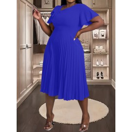 [Royal Blue Midi Dress] Stretchy Polyester Blend Royal Blue Midi Dress | Elegant Pleated with Ruffle Sleeves & Asymmetrical Neckline - Perfect for Summer Parties & Casual Outfits