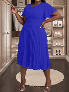 [Royal Blue Midi Dress] Stretchy Polyester Blend Royal Blue Midi Dress | Elegant Pleated with Ruffle Sleeves & Asymmetrical Neckline - Perfect for Summer Parties & Casual Outfits
