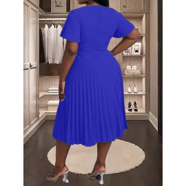 [Royal Blue Midi Dress] Stretchy Polyester Blend Royal Blue Midi Dress | Elegant Pleated with Ruffle Sleeves & Asymmetrical Neckline - Perfect for Summer Parties & Casual Outfits