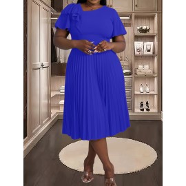 [Royal Blue Midi Dress] Stretchy Polyester Blend Royal Blue Midi Dress | Elegant Pleated with Ruffle Sleeves & Asymmetrical Neckline - Perfect for Summer Parties & Casual Outfits