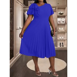 [Royal Blue Midi Dress] Stretchy Polyester Blend Royal Blue Midi Dress | Elegant Pleated with Ruffle Sleeves & Asymmetrical Neckline - Perfect for Summer Parties & Casual Outfits