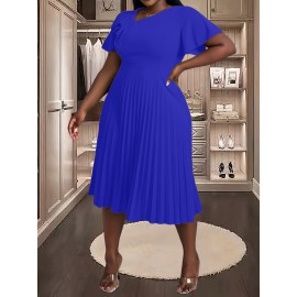 [Royal Blue Midi Dress] Stretchy Polyester Blend Royal Blue Midi Dress | Elegant Pleated with Ruffle Sleeves & Asymmetrical Neckline - Perfect for Summer Parties & Casual Outfits