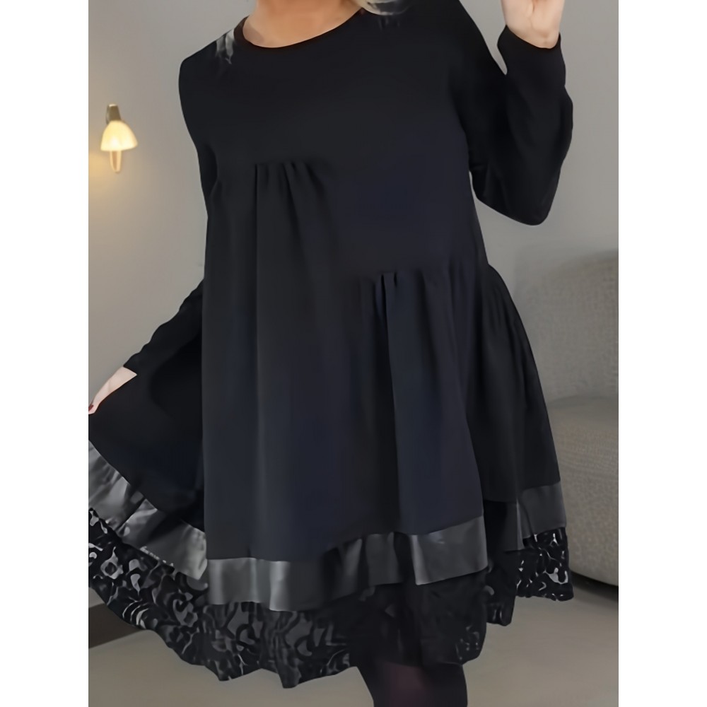Plus Size, Plus Size Women's Elegant Black Dress with Lace Trim - Flared Skirt, Round Neck, All-Season Versatile Fit & Flared Silhouette for Casual to Formal Occasions, Evening Wear, Sophisticated Style, Quality Stitching, Stylish Ladies