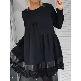 Plus Size, Plus Size Women's Elegant Black Dress with Lace Trim - Flared Skirt, Round Neck, All-Season Versatile Fit & Flared Silhouette for Casual to Formal Occasions, Evening Wear, Sophisticated Style, Quality Stitching, Stylish Ladies
