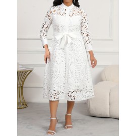 Elegant White Lace Midi Dress with 3/4 Sleeves and Belt Detail, Button-Up Front, Breathable Fabric, Perfect for Casual or Semi-Formal Occasions, Lace Dress, Occasion Wear, Nontransparent Fabric
