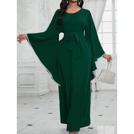 Elegant Plus Size Women'S Long Dress - Solid Color Green, Crew Neck, with Belt and Shoulder Sleeves, Flowing Design for Spring/Fall, Polyester Fabric, Casual Elegance | Belted Waist Dress | Glossy Textur