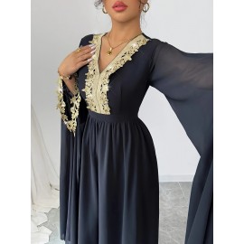 Plus Size, New Women's Elegant Arab Saudi Gown - Batwing Sleeves V-Neck Long Dress with Golden Appliqué & Lace-Like Trim, Floor-Length A-Line Silhouette in Navy Blue, Machine Washable for Weddings, Parties, Formal Events (Plus Size Available) - Spring Summer Fall Outfits, Highquality Fabric, Delicate Embroidery, Modest Fashion