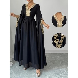 Plus Size, New Women's Elegant Arab Saudi Gown - Batwing Sleeves V-Neck Long Dress with Golden Appliqué & Lace-Like Trim, Floor-Length A-Line Silhouette in Navy Blue, Machine Washable for Weddings, Parties, Formal Events (Plus Size Available) - Spring Summer Fall Outfits, Highquality Fabric, Delicate Embroidery, Modest Fashion