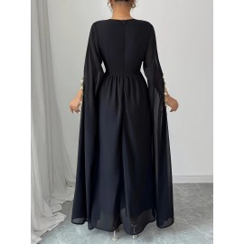 Plus Size, New Women's Elegant Arab Saudi Gown - Batwing Sleeves V-Neck Long Dress with Golden Appliqué & Lace-Like Trim, Floor-Length A-Line Silhouette in Navy Blue, Machine Washable for Weddings, Parties, Formal Events (Plus Size Available) - Spring Summer Fall Outfits, Highquality Fabric, Delicate Embroidery, Modest Fashion