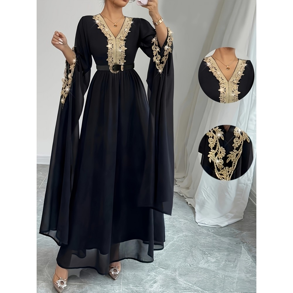 Plus Size, New Women's Elegant Arab Saudi Gown - Batwing Sleeves V-Neck Long Dress with Golden Appliqué & Lace-Like Trim, Floor-Length A-Line Silhouette in Navy Blue, Machine Washable for Weddings, Parties, Formal Events (Plus Size Available) - Spring Summer Fall Outfits, Highquality Fabric, Delicate Embroidery, Modest Fashion