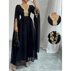 Plus Size, New Women's Elegant Arab Saudi Gown - Batwing Sleeves V-Neck Long Dress with Golden Appliqué & Lace-Like Trim, Floor-Length A-Line Silhouette in Navy Blue, Machine Washable for Weddings, Parties, Formal Events (Plus Size Available) - Spring Summer Fall Outfits, Highquality Fabric, Delicate Embroidery, Modest Fashion