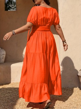 [Vibrant Dress] Vibrant Orange Plus Size Women's Elegant Long Sleeve Dress | A-Line Single-Breasted Button Front Dress with Flared Hem, Machine Washable for Resort & Casual Occasions YZ264, Flowy Fabric Gown, Lightweight Material, Curvy Fashion