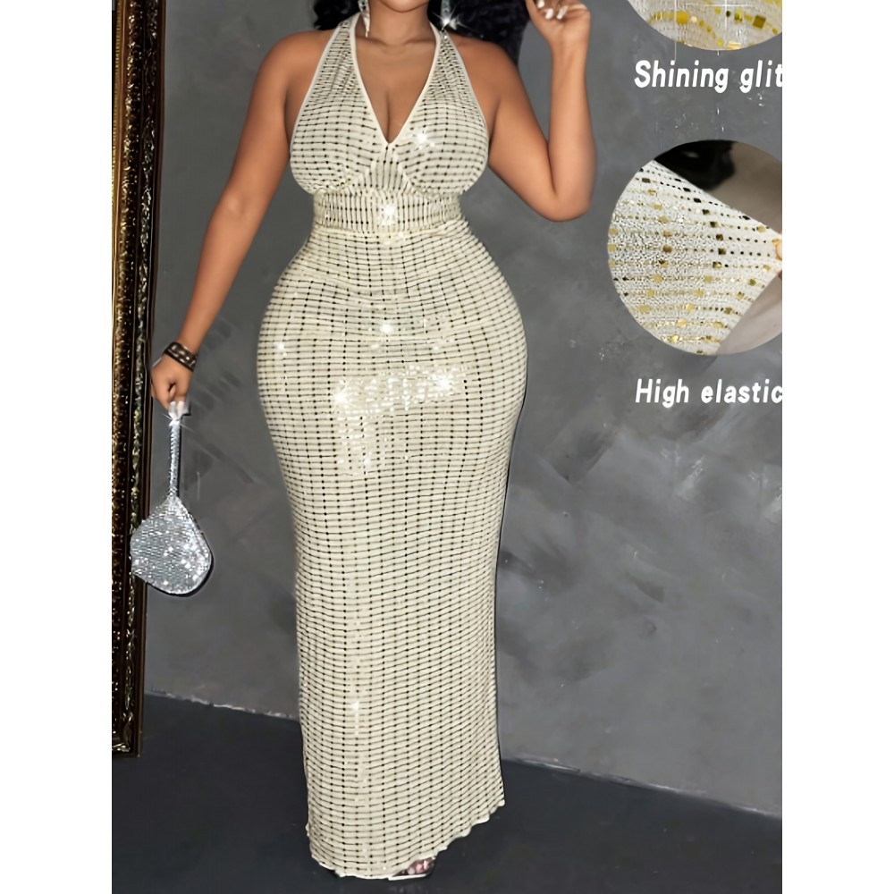 Plus Size Women's Sleeveless Halter Neck Sequin Dress - Elegant Bodycon Summer Party Dress with High Slit, Hand Wash Only, Formal Occasion Attire | Stretchy Fabric Gown