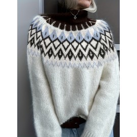 Plus Size - Women'S Elegant Sweater - Soft Stretchy Pullover Sweater with Round Neck, Cozy Fall/Winter Sweater for Everyday & Formal Outfits, Sweater For Winter, Casual Wear, Geometric Pattern, Stylish Knitwear, Fashion Lovers