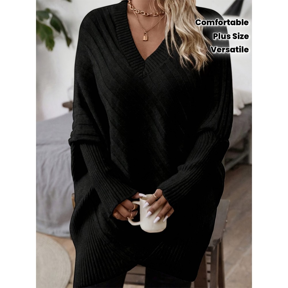 Women's Elegant V-Neck Batwing Sleeve Sweater, Soft Stretchy Long Sleeve Pullover Loose Fit, All-Season Layering Top for Casual & Formal Outfits, Versatile Clothing Comfortable Wear, Office Attire Stylish Knitwear, Plus Size