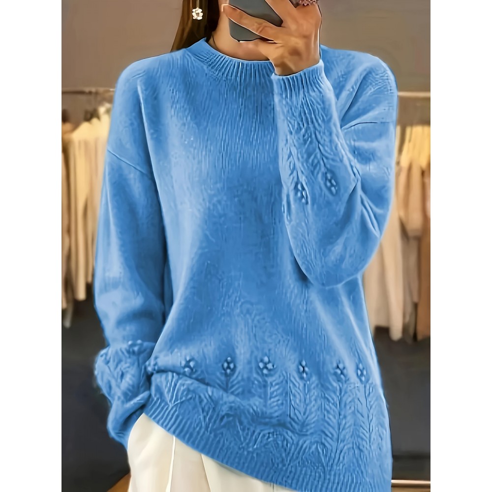 1pc Women'S Casual Crew Neck Sweater, 100% Acrylic Knit Fabric, Solid Color Pullover with Slight Stretch, All-Season Long Sleeve Sweatshirt