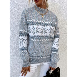 Plus Size, Women's Plus Size Winter Sweater Sweater Vest-like Long Sleeve Tunic - Soft Stretchy Turtleneck Sweater Coat with Snowflake & Print (Blue/White/Pink/Brown) - Cozy Christmas Party & Casual Outfits for Cold Weather - Plus