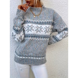 Plus Size, Women's Plus Size Winter Sweater Sweater Vest-like Long Sleeve Tunic - Soft Stretchy Turtleneck Sweater Coat with Snowflake & Print (Blue/White/Pink/Brown) - Cozy Christmas Party & Casual Outfits for Cold Weather - Plus