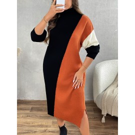 Plus Size, Women's Oversized High-Neck Sweater Dress - Casual Elegant Color Block (Olive Green/Black/White) A-Line Silhouette with Long Sleeves, Cozy Fall Winter & Spring Layering Dress for Plus Size Women, Hand Washable