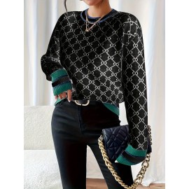 Plus Size, Pink Pullover Sweater - Women's Top with Front Button, Round Neck and Ribbed Hem Detail, Long Sleeve for Spring Summer Autumn