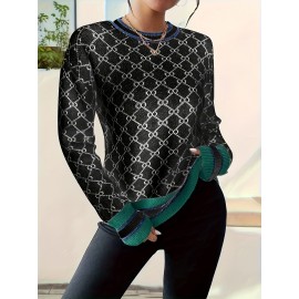 Plus Size, Pink Pullover Sweater - Women's Top with Front Button, Round Neck and Ribbed Hem Detail, Long Sleeve for Spring Summer Autumn