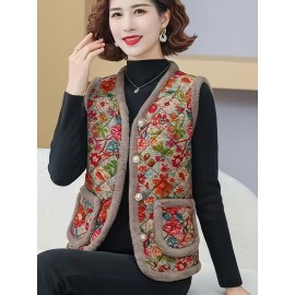 [Chinese Style Stand Collar] New Winter Plus Size Fleece-Lined Vest Cardigan Coat | Thickened Warm Comfortable, Chinese Style Stand Collar Retro Elegant Design H-Line Loose-Fit Free Floral Pattern Youthful and Stylish