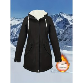 Plus Size, Women's Plus Size Winter Warm Full-Zip Hooded Parka Jacket with Pockets - Thick Outerwear Coat for Cold Weather, Machine Washable, Casual Winter Outer Layer (Blazer/ Style) for Fall & Winter Season, Solid Color Coat for Daily